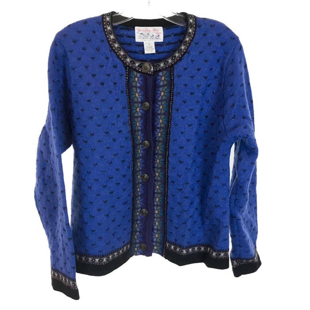 Womens Size Medium Tally Ho Blue Pure Wool Vintage Full Button Cardigan Sweater